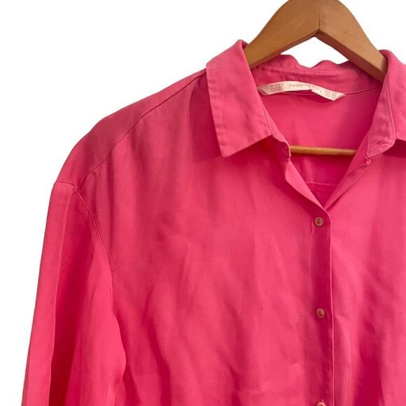 Zara Pink Lyocell Button Down Relax Oversized Midi Shirt Dress Pockets Size XS - Picture 2 of 8